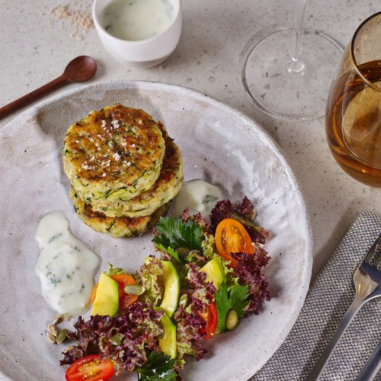 Zucchini Roesti with Salad of Tomato, Avocado, Toasted Pepita Seeds, Kefir Minted Dressing